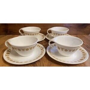 SET OF 4- CORELLE - BUTTERFLY GOLD - HOOK HANDLE COFFEE TEA CUPS & SAUCERS